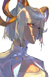  1girl absurdres animal_ears arknights breasts carnelian_(arknights) chinese_commentary closed_mouth commentary_request goat_ears goat_girl goat_horns gracelyne hair_between_eyes highres horns looking_at_viewer red_eyes shirt short_hair simple_background smile solo upper_body white_background white_hair white_shirt 