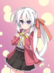  1girl :t ahoge ayachi_nene black_skirt blush bow bowtie casual chinese_commentary clenched_hands closed_mouth collared_shirt commentary_request cowboy_shot eyes_visible_through_hair frilled_skirt frills fuyou_lev grey_hair hair_between_eyes hand_up high-waist_skirt highres huge_ahoge jacket long_hair long_ribbon looking_at_viewer making-of_available neck_ribbon official_alternate_costume official_alternate_hairstyle open_clothes open_jacket outline pink_background pleated_skirt pout red_jacket red_ribbon ribbon sanoba_witch shirt side_ponytail sidelocks simple_background skirt sleeves_past_wrists solo very_long_hair violet_eyes white_outline white_shirt yellow_bow yellow_bowtie yellow_ribbon 