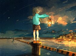  1girl ankle_socks aqua_shirt black_skirt brown_shoes clouds commentary_request from_behind full_body grey_hair highres holding holding_lantern horizon lantern long_sleeves medium_hair night original outdoors outstretched_arm ponytail profile scenery shirt shoes skirt sky socks solo standing star_(sky) starry_sky town tsushima_sora white_socks 
