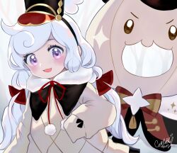 1girl 1other :3 :d arm_at_side backlighting bare_tree blush bow bowtie bright_pupils brooch brown_eyes buttons child commentary_request cookie_run cookie_run:_kingdom creature doughnut dress eunha_milktea eyebrows_hidden_by_hair eyes_visible_through_hair food fur-trimmed_dress fur_trim hair_bow highres humanization jewelry korean_commentary long_hair long_sleeves looking_at_viewer low_twintails milky_way_cookie milky_way_cookie_(milky_way_resonance) neck_ribbon official_alternate_costume open_mouth pink_eyes pink_pupils pom_pom_(clothes) puffy_long_sleeves puffy_sleeves red_bow red_bowtie red_ribbon ribbon signature simple_background smile solid_oval_eyes solo_focus space_doughnut space_doughnut_(rhythm_of_doo-da_doo-da) sparkle standing star_(symbol) star_brooch striped_bow striped_bowtie striped_clothes tareme tongue tree twintails two-tone_bow two-tone_bowtie upper_body v-shaped_eyebrows very_long_hair white_background white_hair yellow_bow yellow_bowtie yellow_dress 