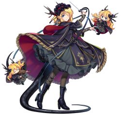  1girl alice_margatroid alternate_costume black_boots black_hairband blonde_hair blue_eyes boots bow_(music) brown_pantyhose cape dragon_girl dragon_horns dragon_tail flute frilled_hairband frills full_body game_asset green_skirt hair_over_one_eye hairband high_heel_boots high_heels holding holding_bow_(music) holding_instrument holding_violin horns instrument jacket lace-up_boots lolita_hairband long_sleeves looking_at_viewer matching_shanghai official_art pantyhose playing_flute playing_instrument purple_cape purple_jacket red_cape rotte_(1109) shanghai_doll simple_background skirt solo tail third-party_source touhou touhou_lostword two-sided_cape two-sided_fabric violin white_background 