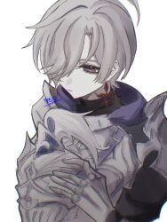  1boy armor blue_eyes breastplate commentary_request earrings gauntlets genshin_impact grey_hair hair_over_one_eye helmet highres holding holding_unworn_helmet illuga_(genshin_impact) illuga_(lochknight)_(genshin_impact) janome0625 jewelry knight male_focus mole mole_under_eye official_alternate_costume parted_lips short_hair signature single_earring solo unworn_headwear unworn_helmet upper_body 