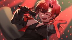  1boy ;d black_choker black_gloves black_jacket black_shirt black_tank_top choker commentary cropped_jacket fangs finger_gun gloves glowstick highres holding holding_microphone holostars holostars_english holostars_english_idol_uniform idol index_finger_raised jacket machina_x_flayon male_focus microphone nasvy official_alternate_costume one_eye_closed open_mouth penlight_(glowstick) red_gloves red_hair shirt short_hair sleeveless sleeveless_shirt smile solo spotlight sweat tank_top two-sided_gloves untranslatable_commentary v-neck virtual_youtuber 