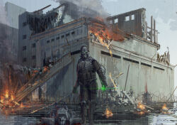  absurdres ambiguous_gender armor body_armor corpse fallout fire glowing glowing_eyes green_eyes grey_sky hammk helmet highres looking_at_viewer mask original outdoors power_armor rain ruins skull_mask sky solo water_drop wet wet_clothes 