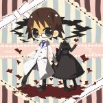  boots brown_hair celty_sturluson dress durarara!! eriko_(chika) glasses hand_holding heart holding_hands kishitani_shinra labcoat ribbon 