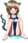  barefoot blush chen feet highres mutsumi326 no_hat no_headwear open_mouth puddle school_swimsuit sitting solo swimsuit touhou water wet 