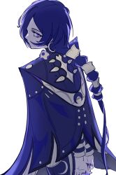  1girl arms_behind_back blue_boots blue_cloak blue_hair boots cloak commentary_request crescent crescent_earrings earrings from_behind hair_over_one_eye highres jewelry long_hair looking_at_viewer looking_back promeia_(zenless_zone_zero) purple_nails sfz0qullkk simple_background solo thigh_boots very_long_hair violet_eyes white_background zenless_zone_zero 