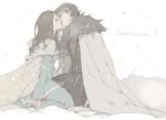  1girl a_song_of_ice_and_fire brown_hair cape dress josco kiss long_hair muted_color petyr_baelish sansa_stark snow snowing title_drop 