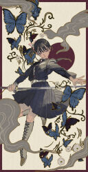  1girl absurdres belt black_hair blue_butterfly boots border breasts bug butterfly butterfly_hair_ornament closed_mouth commentary_request demon_slayer_uniform fog full_body hair_ornament half-closed_eyes highres holding holding_sword holding_weapon katana kimetsu_no_yaiba knee_boots leg_up long_hair long_sleeves meegumi pink_eyes pleated_skirt red_border side_ponytail simple_background skirt small_breasts solo sword tsuyuri_kanao weapon white_background white_belt white_boots wispy_bangs 