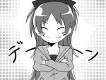  blush_stickers child closed_eyes comic crossed_arms eyes_closed fang gogiga_gagagigo hair_ribbon long_hair mahou_shoujo_madoka_magica monochrome polka_dot polka_dot_background ponytail ribbon sakura_kyouko smile smirk young 