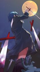  1girl 1other absurdres between_fingers black_keys_(type-moon) black_robe blood blood_on_weapon blue_hair blurry blurry_foreground boots building ciel_(tsukihime) commentary_request facing_away fcgc_(friedalwaysgood) from_below full_body glint highres holding holding_weapon long_sleeves moon night out_of_frame outdoors planted planted_sword power_lines puritan_collar robe short_hair sky solo_focus standing star_(sky) starry_sky sword tsukihime weapon yellow_moon 