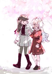  >_< 2girls :d black_boots black_sweater blonde_hair blue_hair blush boots brown_dress brown_hair commentary dappled_sunlight dress earrings flower fujishima_megumi fujishima_megumi_(post-graduation) full_body gradient_hair grey_jacket grey_pantyhose grey_skirt grey_suit hair_flower hair_intakes hair_ornament hasu_no_sora_school_uniform heart heart_earrings heart_necklace highres jacket jewelry knee_boots long_hair long_sleeves looking_at_another love_live! love_live!_hasu_no_sora_jogakuin_school_idol_club mira-cra_park! multicolored_hair multiple_girls neckerchief necklace open_mouth osawa_rurino pantyhose ponytail profile red_neckerchief sailor_collar sailor_dress school_uniform skirt skirt_suit smile suit suit_jacket sunlight sweater thumbs_up turtleneck turtleneck_sweater twintails untranslatable_commentary virtual_youtuber watage_modoki white_sailor_collar winter_uniform xd |_| 