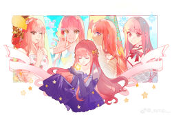  5girls absurdres argyle_clothes argyle_dress autumn autumn_leaves banner bare_arms bare_shoulders bead_necklace beads bloom_poetry_(shining_nikki) blouse blue_sky bow bowtie brown_eyes bubble chinese_commentary closed_eyes closed_mouth clouds collarbone collared_shirt commentary_request cropped_torso dress elbow_gloves expressionless eyelashes finger_to_cheek flower food food_print frilled_dress frilled_shirt frilled_shirt_collar frills from_side fruit fruit_print gloves gown hair_ornament highres infinity_nikki jewelry leaf long_hair long_sleeves looking_at_viewer loose_hair_strand miracle_nikki multiple_girls multiple_persona necklace nikki_(nikki) nikki_(series) nikki_up2u nikki_up2u2:_world_traveller nostrils object_floating_above_hand one_eye_closed palms parted_lips pinafore_dress pink_dress pink_hair polka_dot polka_dot_dress print_dress purple_dress purple_gloves red_bow red_bowtie ribbon-trimmed_shirt ribbon_trim shining_nikki shirt sidelocks sky sleeveless sleeveless_dress sleeveless_shirt smile snowflakes spring_(season) star_(symbol) star_hair_ornament star_print star_sea_(nikki) straight_hair strapless strapless_dress strawberry strawberry_print summer suspenders syrup_(weibo_7302865887) turtleneck turtleneck_shirt upper_body very_long_hair watermark weibo_watermark white_background white_dress white_flower white_shirt winter yellow_bow yellow_bowtie 