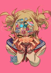  1girl artist_name blonde_hair boku_no_hero_academia cardigan character_hair_ornament commentary cropped_shoulders decora double_bun english_commentary fangs fire_hair_ornament flower_hairpin food-themed_hair_ornament frog_hair_ornament fruit_hair_ornament hair_bun hair_ornament hairclip hand_hair_ornament hands_on_own_cheeks hands_on_own_face highres jacket_mine knife_hair_ornament nail_polish neckerchief open_mouth pink_background school_uniform serafuku sleeves_past_wrists smile solo syringe_hair_ornament text_hair_ornament toga_himiko watermark yellow_eyes 