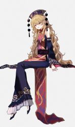  black_dress black_hat black_shoes blonde_hair commentary_request dalachi_(headdress) dress full_body hat highres invisible_chair kaminose long_hair pom_pom_(clothes) red_tabard shoes simple_background sitting tabard touhou white_background 