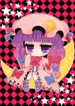  bow checkered checkered_background chibi crescent hair_bow hat long_hair marshmallow_mille patchouli_knowledge purple_eyes purple_hair sitting solo star touhou violet_eyes 