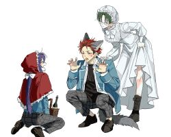  3boys :d akatsuki_(ensemble_stars!) alternate_costume animal_costume animal_ears basket bent_over bib_collar big_bad_wolf big_bad_wolf_(cosplay) black_hair black_shirt black_shoes blazer blue_jacket blush boots bottle bow bowtie cabbagesmaster capelet claw_pose closed_eyes closed_mouth clothes_lift collared_shirt commentary_request cosplay curtained_hair dress earrings ensemble_stars! fang fingernails frilled_capelet frilled_dress_collar frilled_hood frills furrowed_brow glasses grandmother_(little_red_riding_hood) grandmother_(little_red_riding_hood)_(cosplay) green_eyes green_hair grey-framed_eyewear grey_pants hair_between_eyes hair_bow hand_on_another's_back hands_up happy hasumi_keito hat highres hood hooded_capelet jacket jewelry kanzaki_souma kiryu_kuro korean_commentary lace-up_boots little_red_riding_hood_(fairy_tale) little_red_riding_hood_(fairy_tale_character) little_red_riding_hood_(fairy_tale_character)_(cosplay) long_dress long_hair long_sleeves looking_at_another low_ponytail male_focus mob_cap motoyui multicolored_hair multiple_boys multiple_earrings necklace nightgown open_clothes open_mouth open_shirt pants parted_bangs plaid_clothes plaid_pants ponytail puffy_long_sleeves puffy_sleeves purple_hair rectangular_eyewear red_capelet red_hair red_hood school_uniform sharp_fingernails shirt shirt_under_shirt shoes short_eyebrows short_hair silver_necklace simple_background skin_fang skirt skirt_lift smile spiky_hair squatting streaked_hair sweatdrop tail v-shaped_eyebrows white_background white_bow white_bowtie white_nightgown white_shirt wine_bottle wolf_boy wolf_costume wolf_ears wolf_tail yumenosaki_school_uniform 