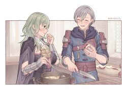  1boy 1girl apple armor ashe_ubert ashe_ubert_(timeskip) black_armor breastplate breasts closed_eyes commentary_request cooking cooking_pot cooking_together female_byleth_(awakened)_(fire_emblem) female_byleth_(fire_emblem) fire_emblem fire_emblem:_three_houses food freckles fruit gauntlets green_eyes green_hair grey_hair highres holding holding_food holding_fruit holding_knife holding_ladle kitchen knife ladle looking_at_another medium_breasts medium_hair official_alternate_eye_color official_alternate_hair_color orio_(oront1y) short_hair shoulder_armor 