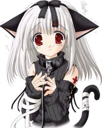  1girl 2000s_(style) animal_ears arm_tattoo artist_request bandaged_arm bandaged_tail bandages black_bow black_ears bow cat cat_ears cat_girl cat_tail collar cross_tattoo detached_sleeves lace-trimmed_headdress original red_eyes solo tail tattoo white_hair 