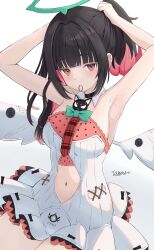  1girl armpits black_choker blunt_bangs bow choker commentary dress halo highres medium_hair multicolored_hair nangong_yu navel red_eyes solo tamamorh untranslatable_commentary white_background white_dress wings zenless_zone_zero 