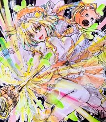  +_+ 1girl aqua_eyes aqua_hair beret blonde_hair bombergirl breasts clover-shaped_pupils colored_tips commentary_request frilled_skirt frills hat iori_(akaringo) looking_at_viewer multicolored_hair orange_hat orange_skirt painting_(medium) pine_(bombergirl) short_sleeves skirt smile solo staff symbol-shaped_pupils thigh-highs traditional_media two_side_up watercolor_(medium) white_thighhighs yellow_pupils 