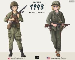 2girls absurdres american_flag ammunition_pouch anchor_symbol artist_name bag bandaged_arm bandages bandolier belt black_boots black_hair blonde_hair blood boots brown_belt brown_boots brown_eyes brown_helmet camouflage camouflage_helmet canteen cargo_pants closed_mouth combat_helmet commentary dirty dirty_face english_commentary english_text frown full_body gaiters green_helmet green_pants green_shirt gun gun_sling hattorin helmet highres holding holding_gun holding_weapon imperial_japanese_navy injury load_bearing_equipment looking_at_viewer m1_helmet military military_combat_uniform military_fatigues military_uniform multiple_girls original pants patch pocket pouch rising_sun_flag satchel shirt short_hair shoulder_patch simple_background soldier submachine_gun sunburst thompson_submachine_gun torn_clothes torn_sleeves trigger_discipline two-tone_background type_100_smg unit_patch united_states_marine_corps vs walking weapon white_background world_war_ii 
