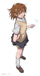 1girl :d brown_eyes brown_hair brown_sweater_vest coin collared_shirt dated electricity electrokinesis from_side full_body grey_skirt hair_ornament hairpin hand_on_own_hip highres holding holding_coin loafers looking_at_viewer medium_hair miniskirt misaka_mikoto open_mouth pleated_skirt school_uniform shirt shoes short_sleeves shorts shorts_under_skirt skirt smile solo summer_uniform sweater_vest takatisakana toaru_kagaku_no_railgun toaru_majutsu_no_index tokiwadai_school_uniform v-neck white_background white_shirt 