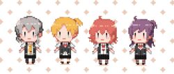  4girls ahoge arashi_(kancolle) black_pantyhose black_skirt black_vest blush bow bowtie brown_shoes chibi collared_shirt commentary_request double-parted_bangs dress_shirt expressionless gloves green_eyes grey_eyes grey_hair grey_socks hagikaze_(kancolle) hair_between_eyes kantai_collection long_hair looking_at_viewer maikaze_(kancolle) medium_hair multiple_girls neck_ribbon necktie nowaki_(kancolle) one_side_up oomori_(kswmr) open_clothes open_vest pantyhose parted_bangs patterned_background pixel_art pleated_skirt purple_hair red_eyes red_hair red_necktie red_ribbon ribbon shirt shoes short_hair short_necktie short_sleeves simple_background skirt socks thighband_pantyhose vest violet_eyes white_background white_gloves white_shirt white_socks yellow_bow yellow_bowtie yellow_necktie 