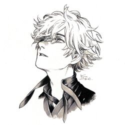  1boy absurdres commentary_request cropped_shoulders greyscale highres looking_up male_focus messy_hair monochrome parted_bangs parted_lips pince-nez qifrey_(tongari_boushi_no_atelier) shirahama_kamome shirt short_hair signature simple_background solo tongari_boushi_no_atelier white_background 
