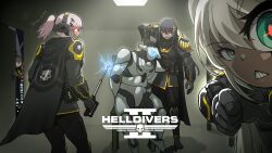  1other 4girls absurdres armor baton_(weapon) character_request dark-skinned_female dark_skin helldiver_(helldivers) helldivers_(series) highres holding_baton illuminate_(helldivers) interrogation looking_at_viewer multiple_girls sherman_(egnk2525) sitting stun_baton tagme weapon white_hair 