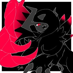  absol bright_pupils claws commentary_request fangs hair_over_one_eye highres horns i_my_mo55 mega_absol_z mega_pokemon no_humans open_mouth pokemon pokemon_(creature) pokemon_focus red_eyes single_horn smile solo white_pupils 