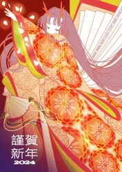  1girl 2024 absurdres arm_up black_eyes black_hair blue_eyes chinese_zodiac colored_skin commentary_request covered_mouth dragon_girl dragon_horns eastern_dragon_horns falling_petals feet_out_of_frame floral_print floral_print_kimono folding_fan half-closed_eyes hand_fan happy_new_year highres holding holding_fan horns japanese_clothes kazamati_soyoka kimono layered_kimono long_hair long_sleeves new_year original petals print_kimono red_horns red_kimono skin-covered_horns sleeves_past_wrists solo standing very_long_hair white_petals white_skin wide_sleeves year_of_the_dragon 