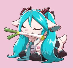  animal animal_ears animalization aqua_hair bare_shoulders closed_mouth commentary detached_sleeves english_commentary full_body goat goat_ears goat_horns grey_shirt hair_between_eyes hair_ornament hatsune_miku hatsune_miku_(vocaloid6) horns long_hair long_sleeves necktie seyumei shirt simple_background skirt sleeveless sleeveless_shirt smile solo spring_onion twintails vocaloid 