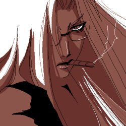  1girl brown_theme cigar dark-skinned_female dark_skin glasses hellsing integra_hellsing long_hair lowres oekaki portrait serious smoke smoking solo toshimichi_yukari 