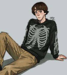  1boy adam's_apple adam_lanza arm_support arms_at_sides artist_name bags_under_eyes black_sweater brown_hair brown_pants closed_mouth commentary cyril_1214 english_commentary expressionless feet_out_of_frame fingernails flipped_hair frown grey_background highres knee_up knees_apart_feet_together lips long_sleeves looking_at_viewer male_focus md5_mismatch nostrils official_alternate_costume pants photo-referenced pocket puffy_long_sleeves puffy_sleeves real_life shadow short_hair simple_background sitting skeleton_print solo sweater true_crime very_short_hair 