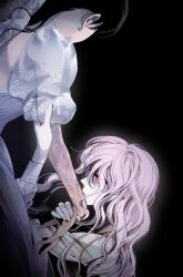  2girls black_hair blue_dress burn_scar commentary_request dark_background dress earrings hand_on_another's_arm hannah_(witch's_island) highres holding_another's_wrist isabella_(witch's_island) jewelry kissing_arm korean_commentary multiple_girls official_art ppotatornado puffy_short_sleeves puffy_sleeves scar see-through_clothes see-through_sleeves short_sleeves witch's_island yuri 