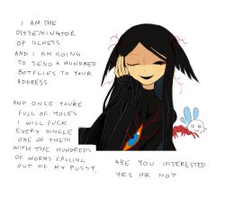  1boy arthropod black_ears black_hair bug chest_eye closed_mouth colored_sclera creature cross-eyed english_text hand_on_own_cheek hand_on_own_face highres jejejunum long_hair nethermare one_eye_closed open_mouth orange_sclera original pest_(jejejunum) profanity red_sclera simple_background smile veins white_background 