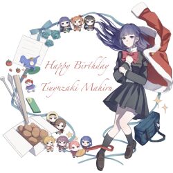  1girl :d :| aijo_karen alarm_clock ascot bag baseball_bat baseball_helmet baton_(weapon) black_hair black_hairband black_jacket black_socks blonde_hair blue_hair blue_jacket blue_shirt blunt_bangs bow bowtie box brown_hair brown_shoes cat cellphone character_doll character_name chibigurumi clenched_hands clock closed_mouth clothes_writing collared_shirt commentary_request crown curtained_hair daiba_nana doll english_text floating floating_clothes floating_hair flower full_body fur-trimmed_jacket fur_trim glasses green_flower green_jacket green_ribbon grey_jacket grey_skirt hair_ribbon hairband hanayagi_kaoruko hand_up happy_birthday helmet highres hoshimi_junna isurugi_futaba jacket kagura_hikari kneehighs leg_up loafers long_hair long_sleeves love_judgement_(mace) mace medallion medium_hair mini_crown objectification open_clothes open_jacket open_mouth paper phone pink_hair pleated_skirt ponytail potato purple_hair purple_jacket red_bow red_bowtie red_jacket red_ribbon red_sash ribbon saijo_claudine sash school_bag school_uniform seisho_music_academy_school_uniform shirt shoes shoujo_kageki_revue_starlight shoulder_sash sidelocks skirt smartphone smile socks sparkle_hair_ornament star_(symbol) summer050429 suzudaru_cat tendo_maya tomato tsuyuzaki_mahiru twintails two_side_up weapon white_ascot white_background white_jacket white_sash white_shirt 