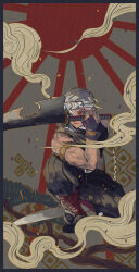  1boy absurdres black_gloves black_socks bridal_gauntlets chain closed_mouth commentary_request demon_slayer_uniform fog forehead_protector full_body gloves grey_hair hair_between_eyes highres holding holding_sword holding_weapon kimetsu_no_yaiba male_focus meegumi muscular muscular_arms muscular_male on_one_knee red_eyes shirt short_hair sleeveless sleeveless_shirt socks solo sunburst sunburst_background sword sword_in_front_of_face tabi uzui_tengen veins veiny_arms weapon 