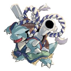  belt blastoise blastoise_(pokebuki) blue_coat bow claws clothed_pokemon coat fangs full_body grey_eyes korosliszt looking_at_viewer looking_to_the_side no_humans open_mouth pokemon pokemon_(creature) pokemon_unite purple_belt purple_bow reaching reaching_towards_viewer rope_belt sharp_teeth simple_background solo standing teeth white_background 