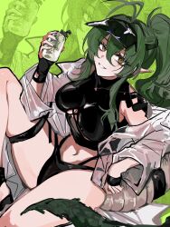  1girl arknights bare_shoulders bikini black_bikini breasts commentary crocodile_girl crocodilian_tail gavial_(arknights) gavial_(summer)_(arknights) green_background green_hair green_tail hat highres holding linked_bikini long_hair looking_at_viewer navel official_alternate_costume one-hour_drawing_challenge pointy_ears smile solo soramaru_310 stomach swimsuit tail thigh-highs thigh_strap thighs under_boob untranslatable_commentary visor_cap yellow_eyes 