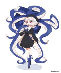 1girl black_dress black_hat black_jacket blonde_hair blue_ribbon blue_socks dress ecron_(keitaiware) hat highres holding holding_umbrella jacket long_sleeves looking_at_viewer neck_ribbon open_mouth pinstripe_dress pinstripe_pattern pinstripe_skirt pleated_dress pleated_skirt red_eyes ribbon sailor_hat school_uniform short_hair simple_background skirt smile socks solo tentacles teruterubouzu twitter_username two_side_up ui_(voisona) umbrella umbrella_over_shoulder voisona walking white_background 
