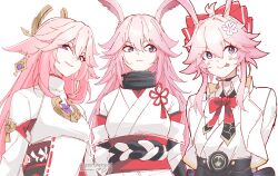  3girls :q absurdres adapted_costume animal_ears asiri_senpai blush_stickers bow bowtie breasts closed_mouth commentary droopy_ears evanescia_(honkai:_star_rail) flower genshin_impact hair_between_eyes hair_bow hair_flower hair_ornament highres honkai:_star_rail honkai_(series) honkai_impact_3rd in-franchise_crossover jacket japanese_clothes kimono long_hair looking_at_another looking_at_viewer looking_to_the_side medium_breasts mihoyo miko multiple_girls parted_lips pink_bow pink_hair red_bow red_bowtie sakura_ayane shirt short_hair_with_long_locks sideways_glance simple_background smile tongue tongue_out twitter_username upper_body violet_eyes voice_actor_connection white_background white_flower white_jacket white_kimono white_shirt yae_miko yae_sakura yae_sakura_(gyakushinn_miko) 