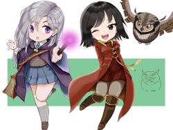  :d :o bird black_cloak black_eyes black_hair blue_skirt book boots brown_bird brown_boots brown_leggings brown_shoes brown_sweater_vest casting_spell chibi chibi_only cloak collared_shirt commentary diagonal-striped_clothes diagonal-striped_necktie dress dress_shirt english_commentary envelope eyelashes flying full_body green_background green_necktie grey_hair grey_socks grimoire hair_between_eyes hands_up harry_potter:_magic_awakened harry_potter_(series) hogwarts_school_uniform holding holding_wand hood hood_down ivy_warrington knee_boots kneehighs korean_text lace-up leg_up leggings letter light_blush loafers long_hair looking_at_viewer loose_hair_strand mandy_(c_y_18) mouth_hold necktie one_eye_closed open_mouth owl reaching reaching_towards_viewer red_dress red_robe ribbed_dress robe robyn_thistlethwaite school_uniform shirt shoes short_dress simple_background skirt slytherin smile socks standing standing_on_one_leg strap striped_clothes striped_necktie sweater_vest teeth translation_request turtleneck turtleneck_dress two-tone_necktie upper_teeth_only violet_eyes wand white_shirt wizarding_world yellow_trim 