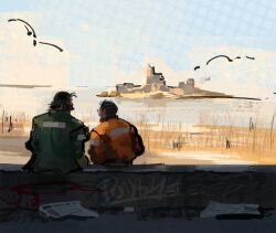  2boys black_hair blazer bomber_jacket d0vvee disco_elysium facing_away from_behind graffiti green_jacket harry_du_bois horizon island jacket kim_kitsuragi multiple_boys orange_jacket outdoors reeds round_eyewear sitting textless_version water wide_shot 