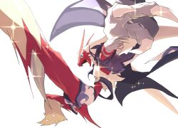  1other beak belt blaziken blaziken_(champion) blue_eyes claws colored_sclera feathers flame_print full_body furry highres jacket kicking korosliszt open_mouth pokemon pokemon_(creature) pokemon_focus pokemon_unite print_shorts purple_jacket red_feathers shorts simple_background solo sparkle two-tone_shorts white_background white_shorts yellow_feathers yellow_sclera 