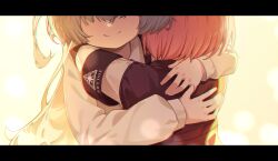  2girls abydos_high_school_logo aqua_hair armband black_armband black_vest blue_archive capry collared_shirt commentary_request faceless faceless_female highres hoshino_(blue_archive) hoshino_(first_year)_(blue_archive) hug letterboxed long_hair long_sleeves multiple_girls mutual_hug shirt spoilers vest white_shirt yume_(blue_archive) 