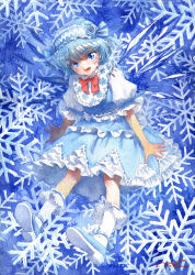  1girl absurdres adapted_costume blue_dress blue_eyes blue_hair blue_hairband blue_shoes bow bowtie cirno commentary_request detached_wings dress frilled_hairband frills full_body hairband highres ice ice_wings lolita_fashion lolita_hairband looking_at_viewer misawa_hiroshi painting_(medium) puffy_short_sleeves puffy_sleeves red_bow red_bowtie shoes short_hair short_sleeves snowflake_print snowflakes socks solo touhou traditional_media watercolor_(medium) white_socks wings 