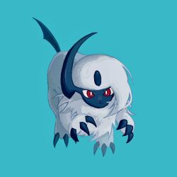  absol animal_focus asymmetrical_horns blue_horns blue_tail blurry blurry_background body_fur bright_pupils claws closed_mouth commentary fluffy full_body highres horns mane neck_fur no_humans pokemon pokemon_(creature) pokemon_focus red_eyes single_horn solo tail token0359 white_fur white_hair white_pupils 