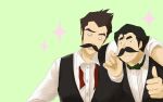  artist_request avatar:_the_last_airbender bolin_(avatar) bow bowtie brothers facial_hair formal grin leaning legend_of_korra mako_(avatar) male multiple_boys mustache siblings simple_background sparkle suit thumbs_up uniform vest waistcoat 